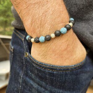 Black and Blue 8mm Lava Stone Bracelet with 6mm Silver Star Burst Spacer Beads